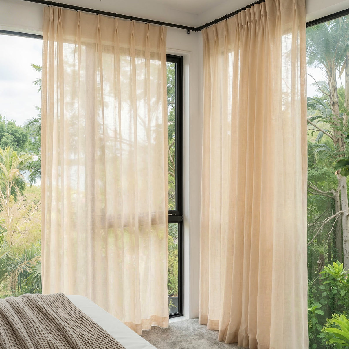 Custom Linden Linen Blend Sheer Curtain, beige fabric filtering light.