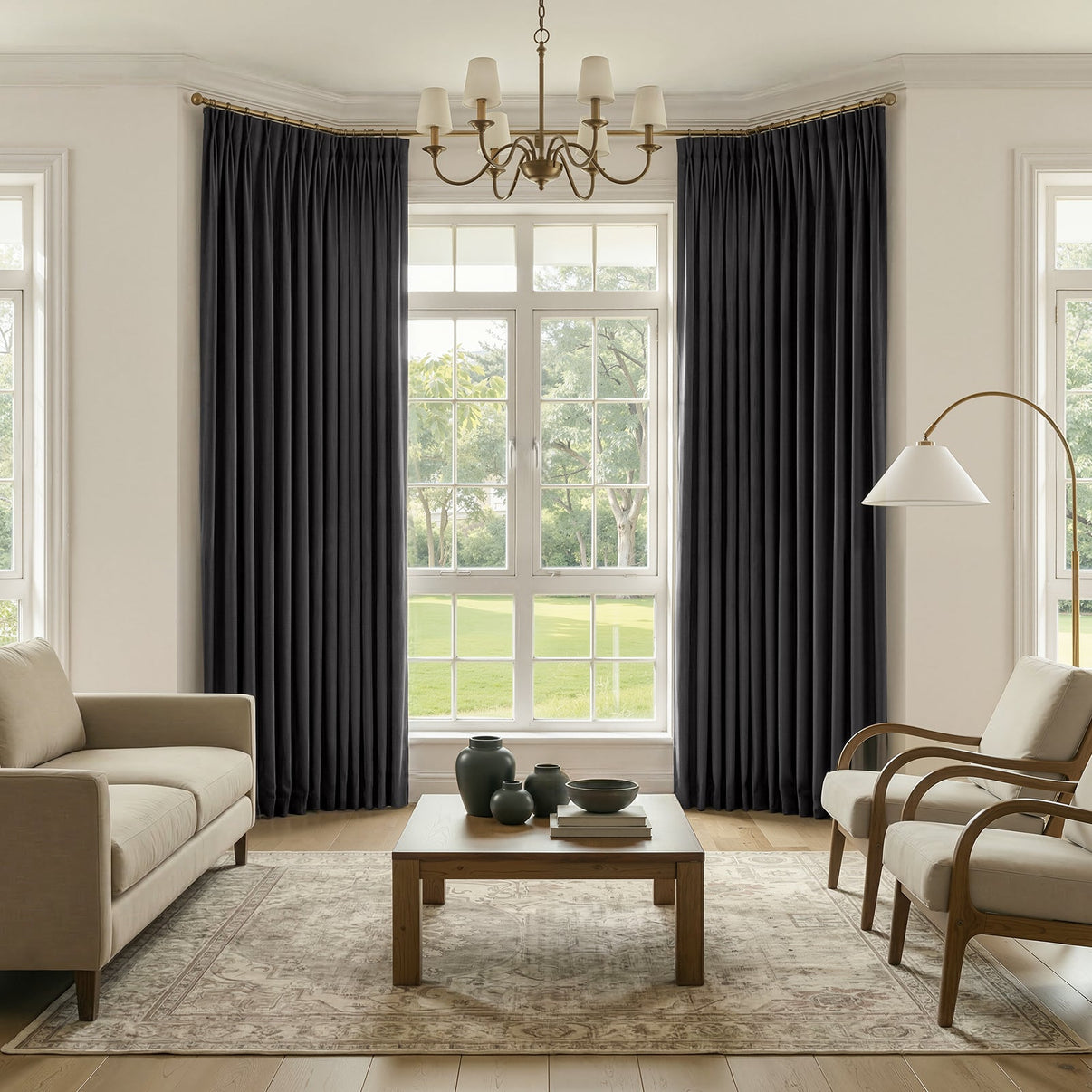 Joydeco SoftMatte brushed dark grey blackout curtains, pleated, custom fit for window.
