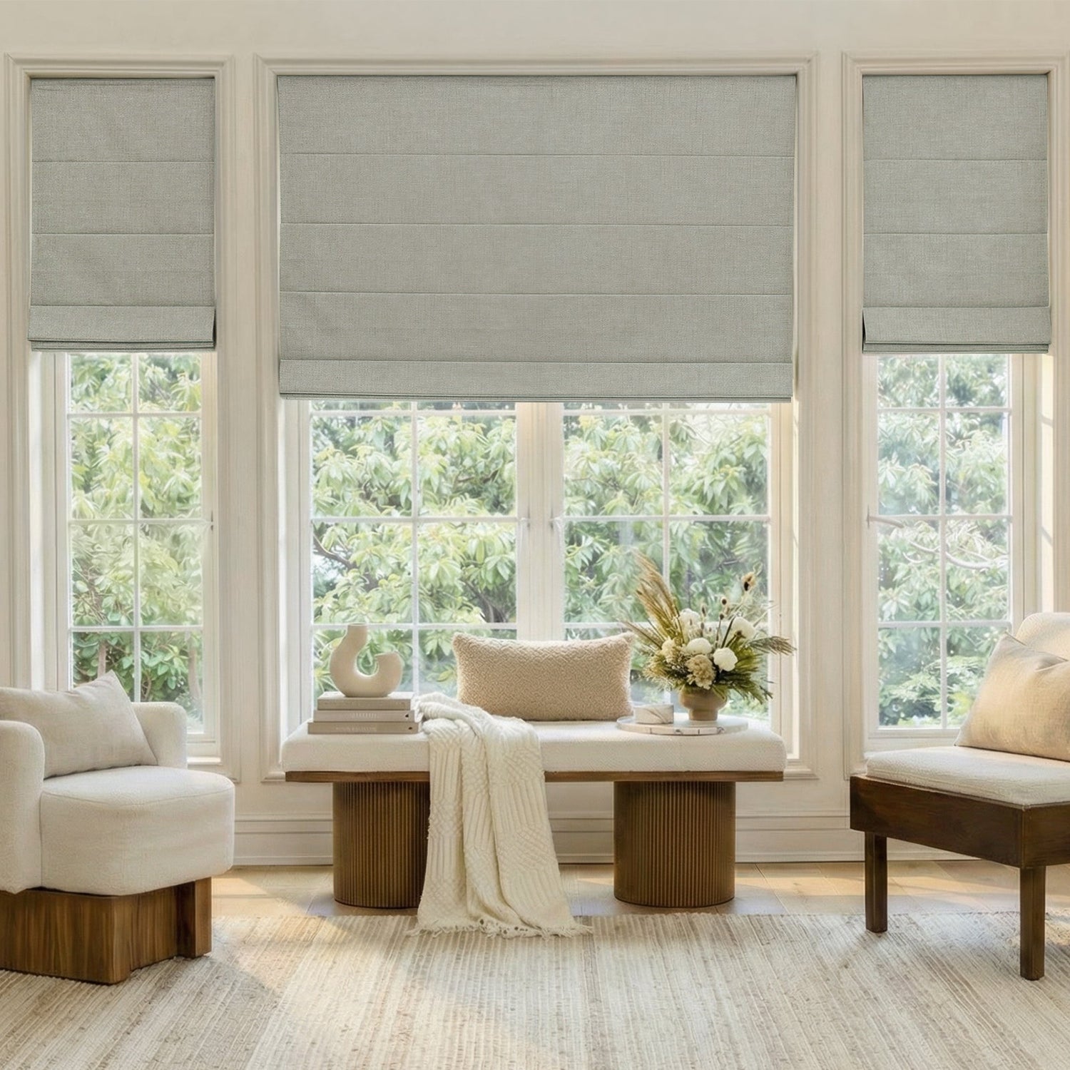 Alder faux linen blackout Roman shade in grey, custom window treatment.