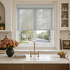 Light filtering gray solar blind over kitchen window, no-drill custom blind