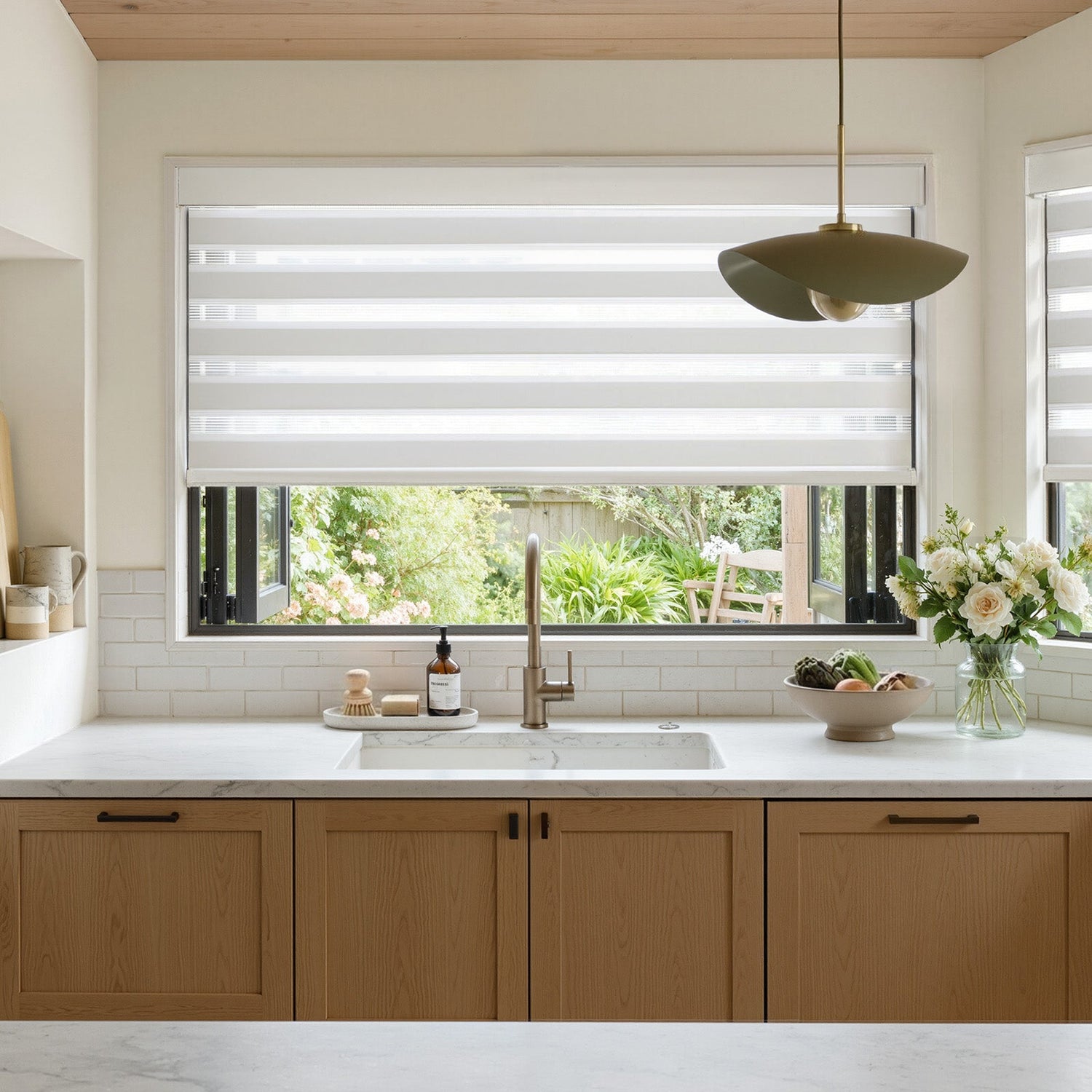Marlow light filtering zebra shade, white alternating bands, modern blinds and shades.