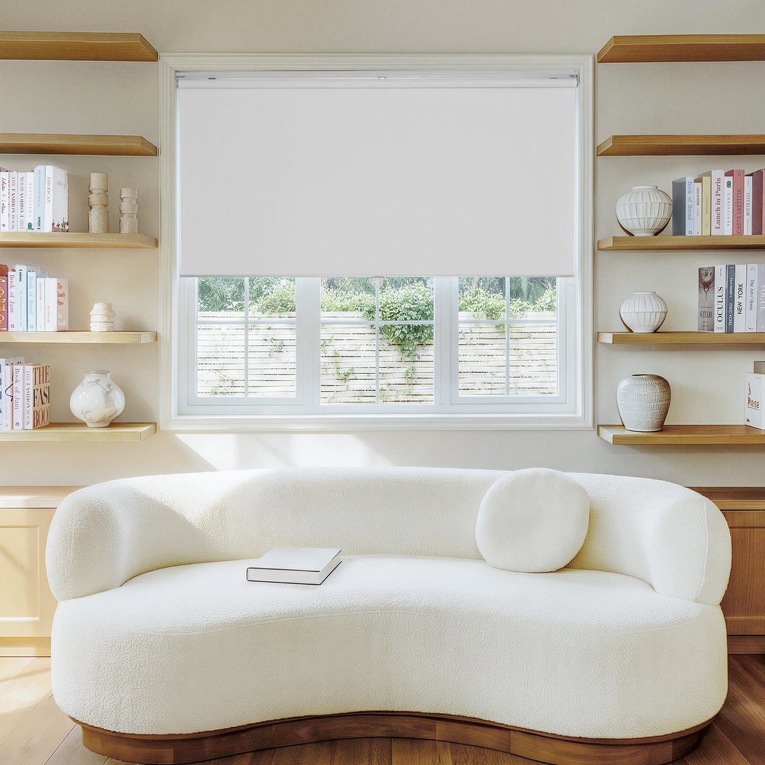 Modern custom white blackout roller shade by Joydeco, made to measure.