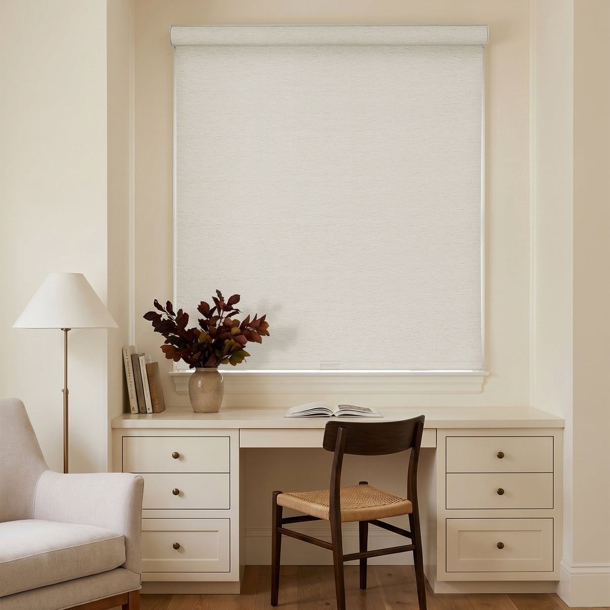 Custom off-white linen-textured blackout roller blind for modern window treatments
